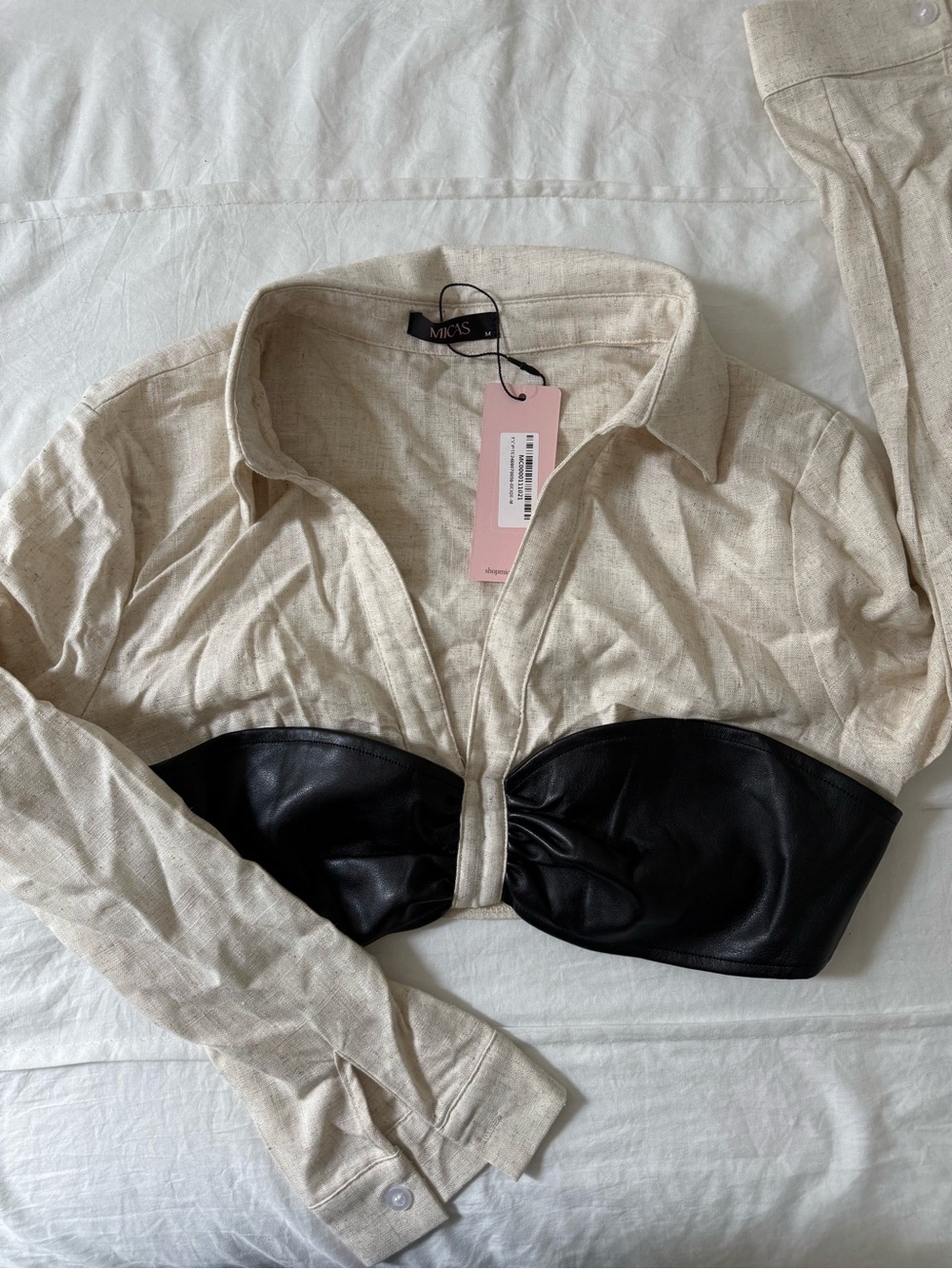 Cropped Cream Button-Down Shirt with Black Faux Leather Bustier